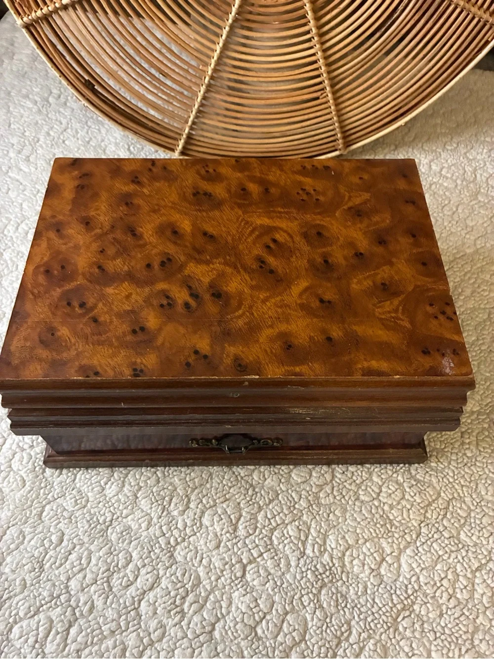 Vintage Style Burl Wood Jewelry Box Organizer Mirror Drawer Brass Hardware